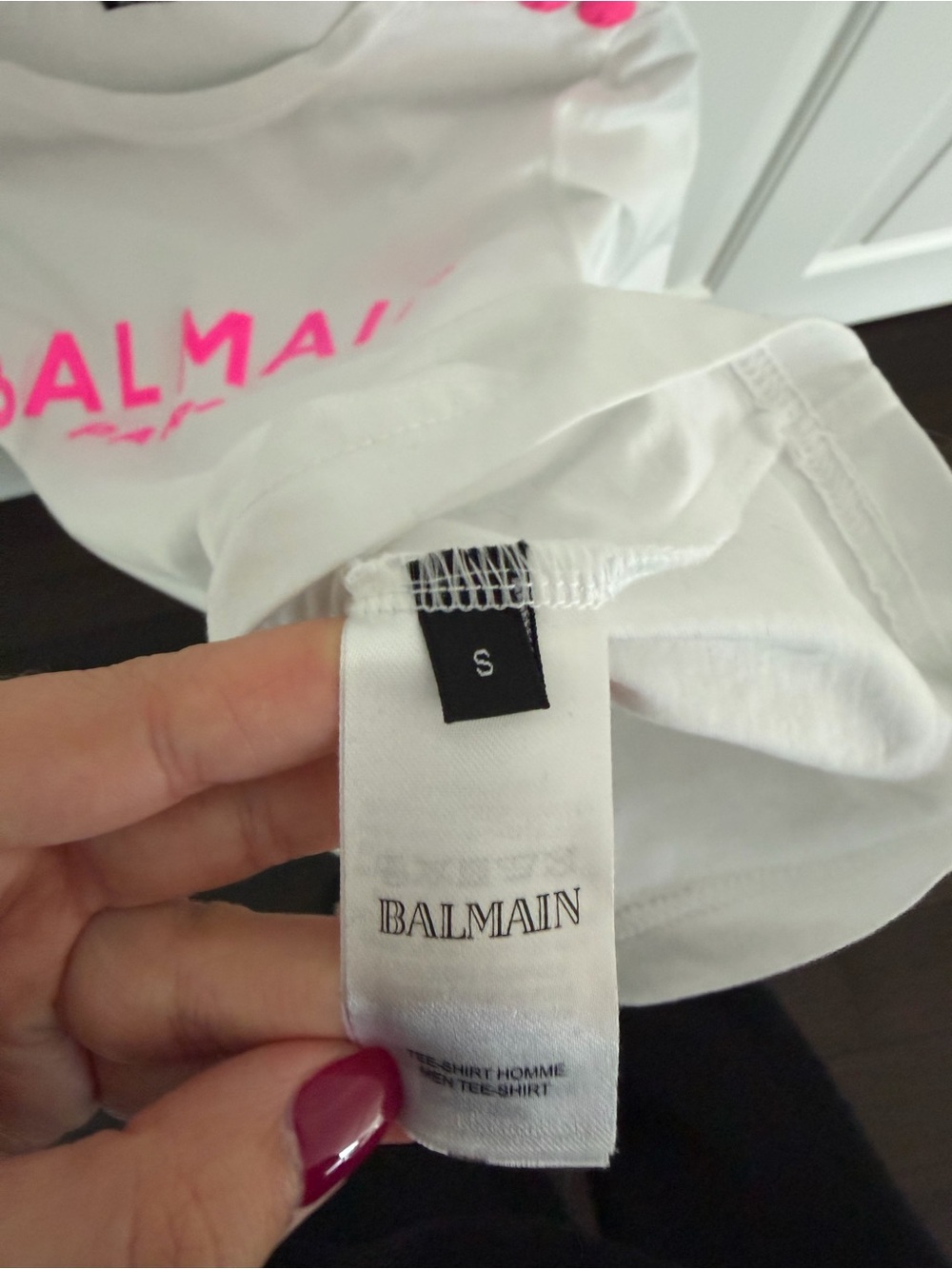 Balmain White Tee with Neon Pink Logo and Shoulder Buttons - Picture 5 of 5